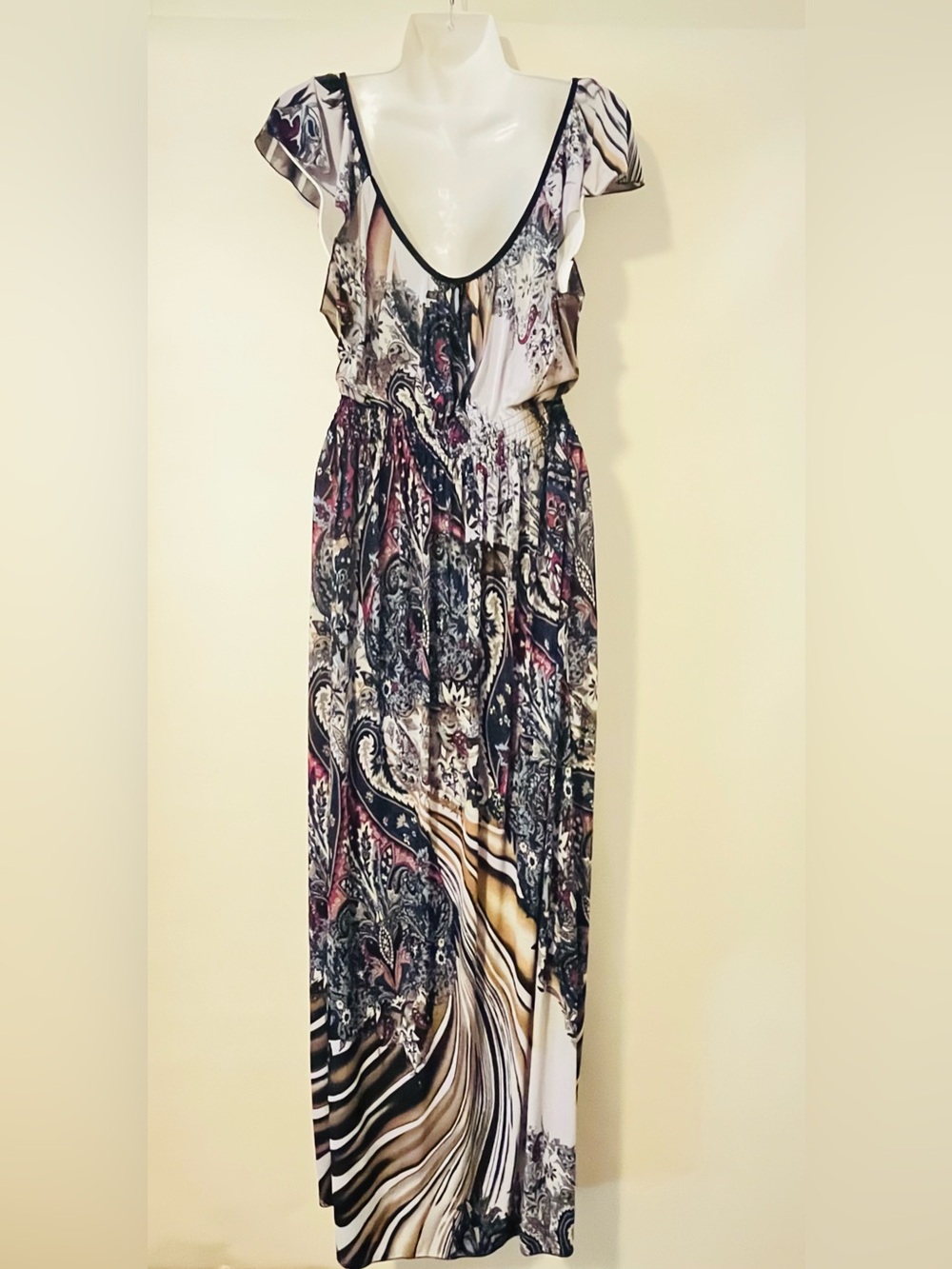 Shui Si Qing Women’s Multicolor Paisley Maxi Dress Size Large Flutter Sleeves - Picture 6 of 7